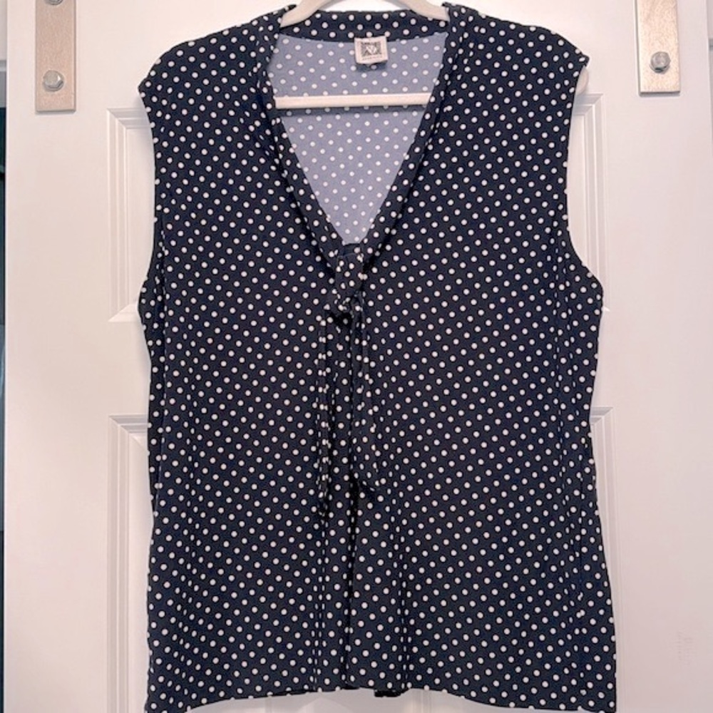 XL Navy Anne Klein Tie-Neck Polka Dot Sleeveless Shell Tank